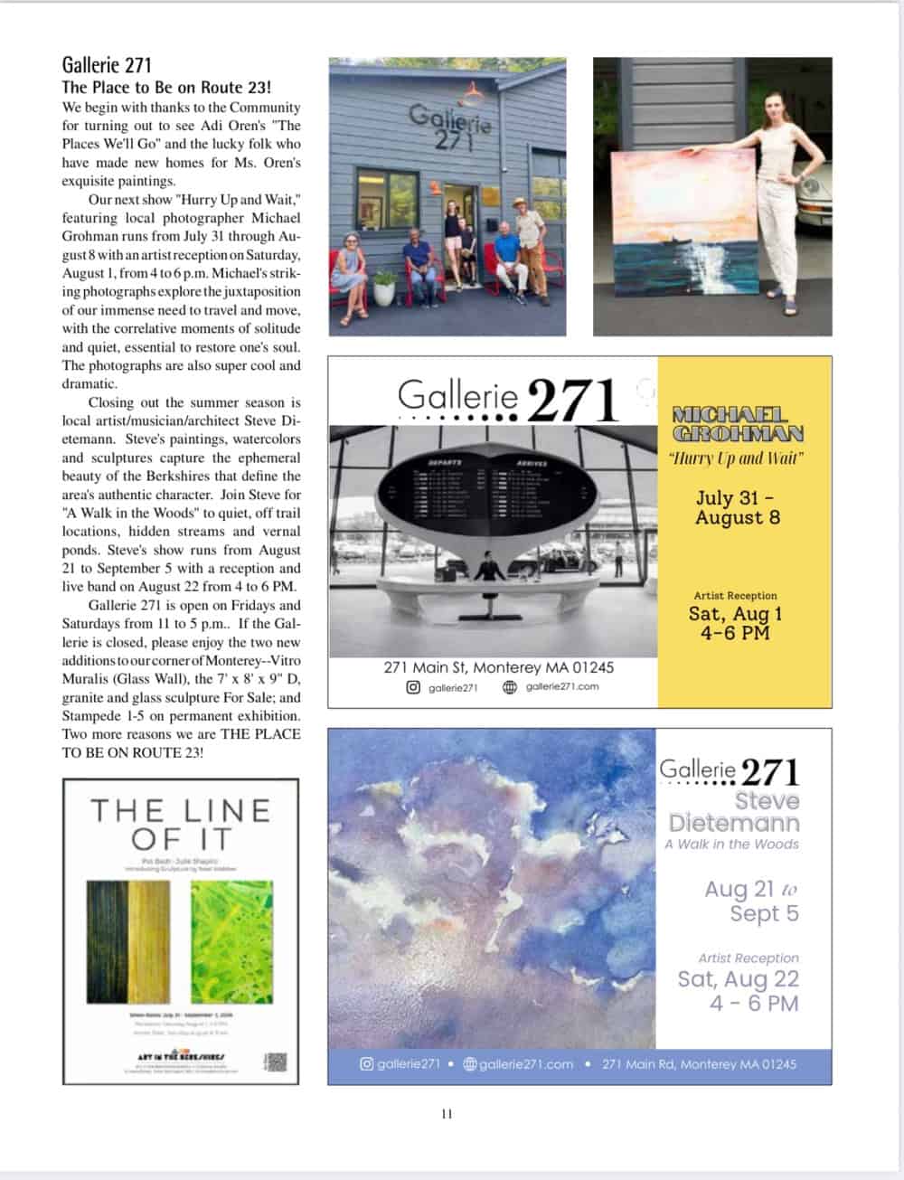 Gallerie 271 feature in the August 2026 Monterey News highlighting summer exhibitions in Monterey, Massachusetts.